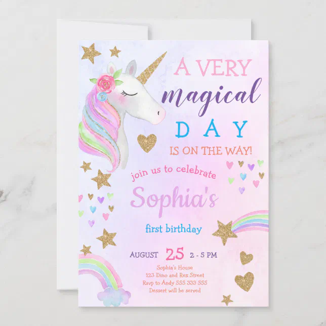 Magical Unicorn Rainbow Pastel Girl First Birthday Invitation | Zazzle