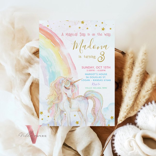 Magical Unicorn Rainbow Pastel Gold Birthday  Invitation (Creator Uploaded)