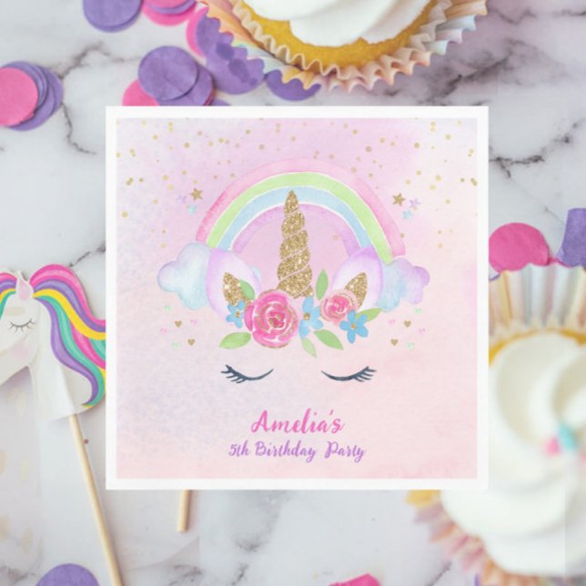 Magical Unicorn Rainbow Pink Birthday Napkins (Pink Magical Unicorn Rainbow Birthday Napkins)