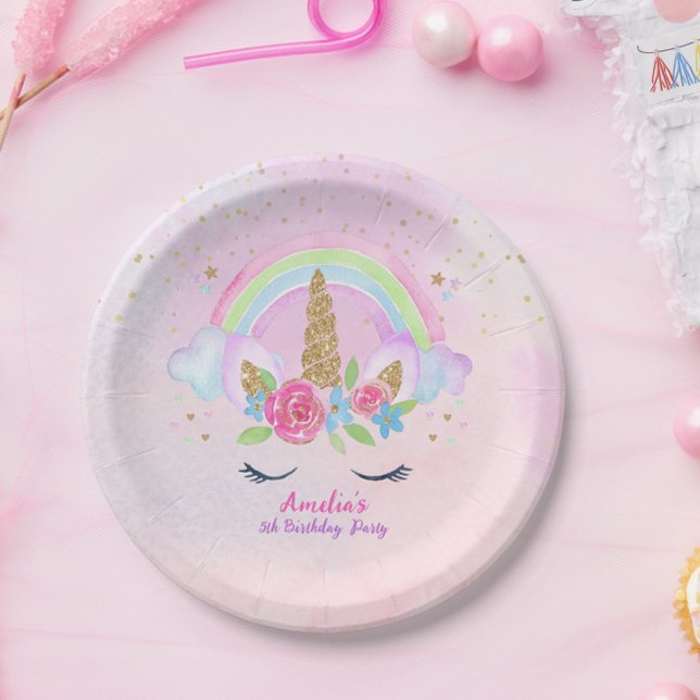 Magical Unicorn Rainbow Pink Birthday Paper Plates (Whimsical Rainbow Unicorn Birthday Party Plates)