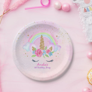 Magical Unicorn Rainbow Pink Birthday Paper Plates