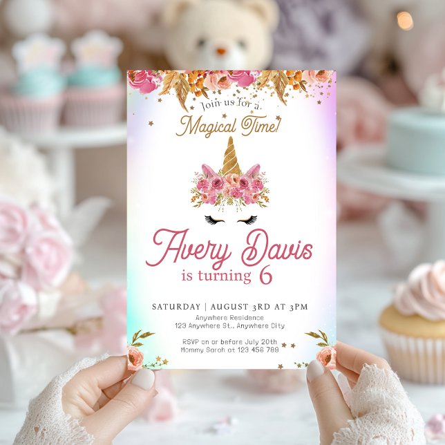 Magical Unicorn Rainbow Pink Floral Birthday  Invitation (Magical Floral Pink Unicorn Birthday Invitation)