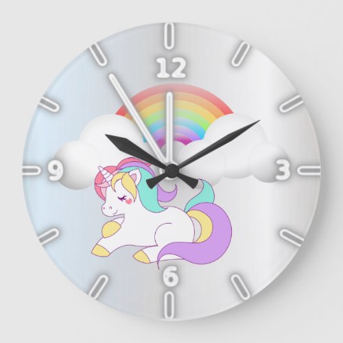 Magical Unicorn Rainbow  Silver Large Clock