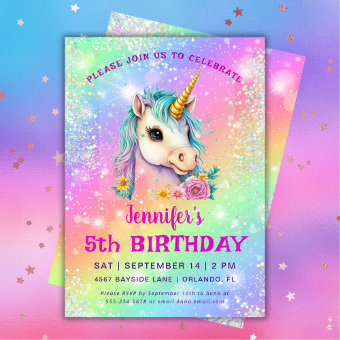 Magical Unicorn Rainbow Sparkles Birthday Invitation | Zazzle