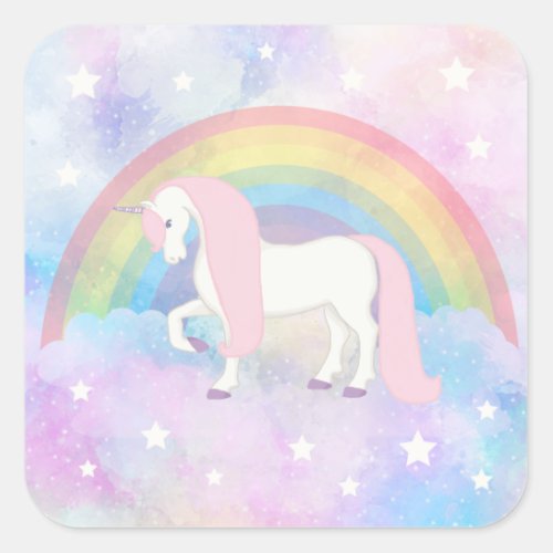 Magical Unicorn Rainbow Stars Birthday Baby Shower Square Sticker