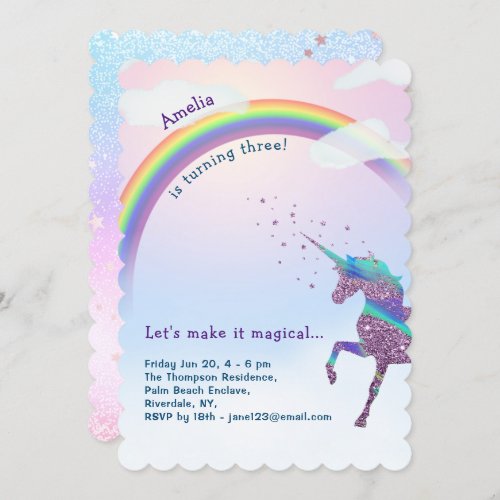 Magical Unicorn Rainbow  Stars Glitter Birthday Invitation