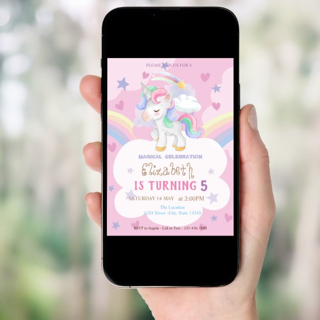 Magical Unicorn Rainbow Stars Hearts Birthday Invitation (Front Digital)