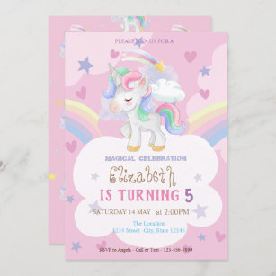 Magical Unicorn Rainbow Stars Hearts Birthday Invitation