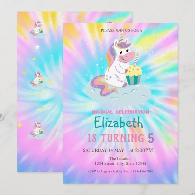 Magical Unicorn Rainbow Tie Dye Birthday Invitation (Front/Back)