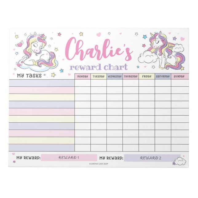 Magical Unicorn Reward Chart Personalized Tasks Notepad (Front)