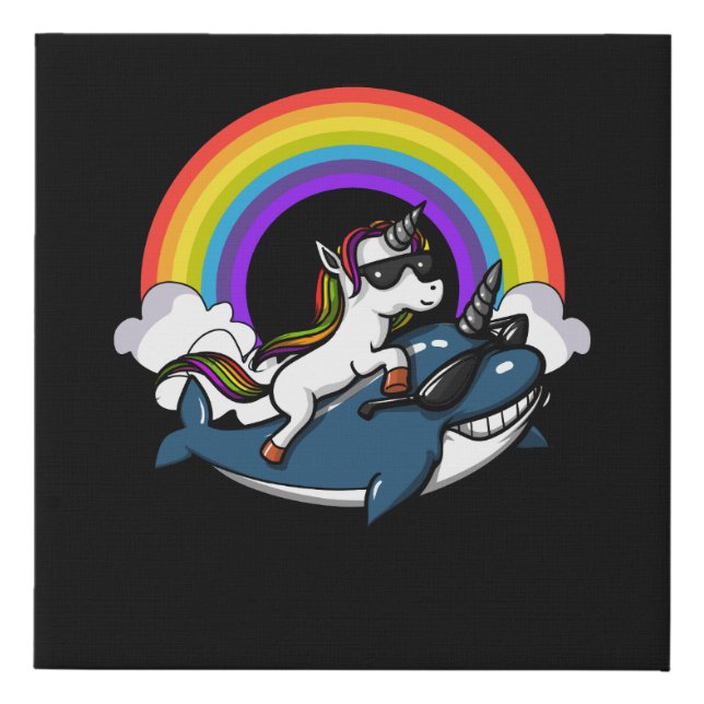 Magical Unicorn Riding Narwhal Fish Rainbow Faux Canvas Print (Front)