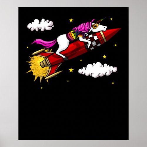 Magical Unicorn Riding Space Rocket Funny Poster