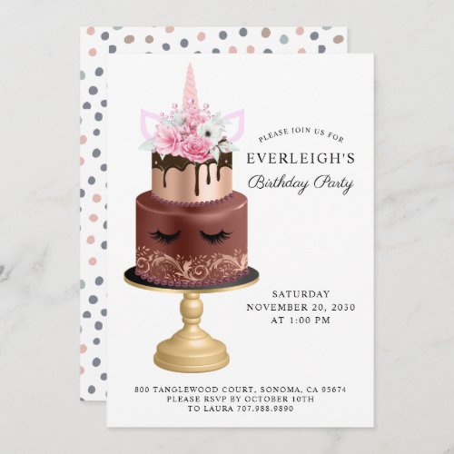 Magical Unicorn Rose Gold Chocolate Birthday Cake Invitation
