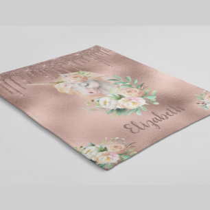 Magical Unicorn Rose Gold Glitter Drips Floral Fleece Blanket