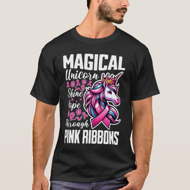 Magical Unicorn Shine Hope Through Pink Ribbons T-Shirt (Front)