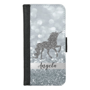 Magical Unicorn ,Silver Glitter Bokeh-Personalized iPhone 8/7 Wallet Case