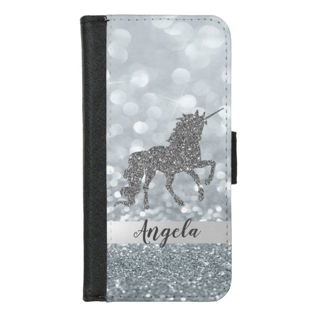 Magical Unicorn ,Silver Glitter Bokeh-Personalized iPhone Wallet Case (Front)