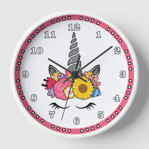 Magical Unicorn Silver Glitter Horn and Flowers Clock
