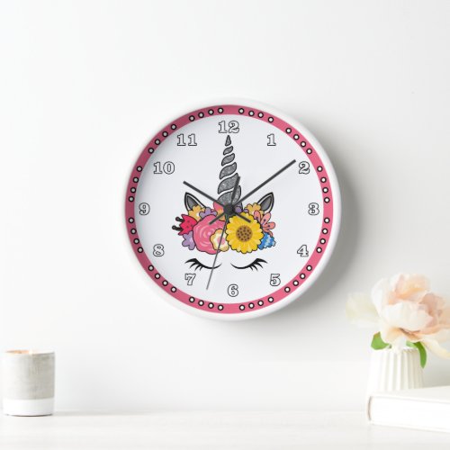Magical Unicorn Silver Glitter Horn and Flowers  Clock