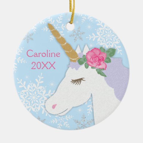 Magical Unicorn Silver Glitter Snowflakes Ceramic Ornament