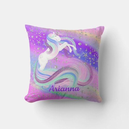 Magical Unicorn Silver Stars Throw Pillow