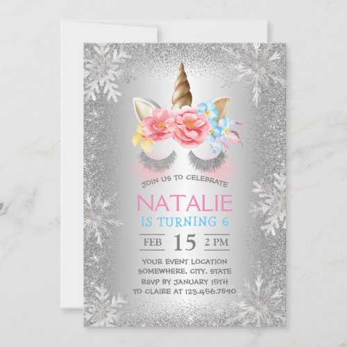 Magical Unicorn Silver Winter Snowflakes Birthday Invitation