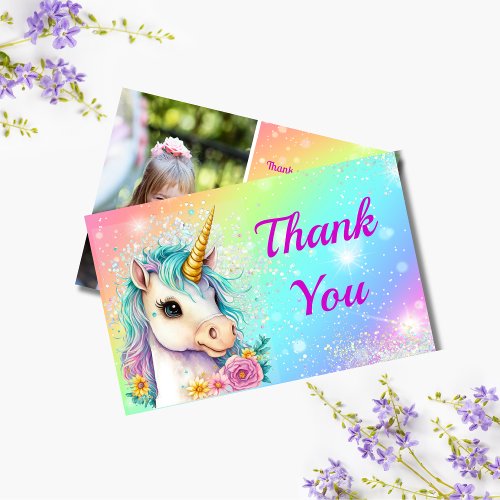 Magical Unicorn Sparkle Birthday Photo Thank You Card
