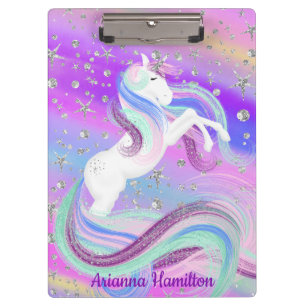 Magical Unicorn Sparkly Silver Stars Clipboard