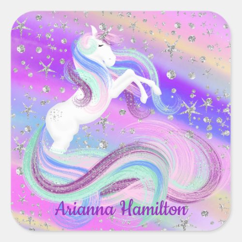 Magical Unicorn Sparkly Silver Stars Square Sticker