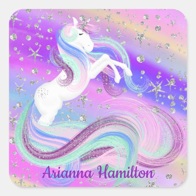 Magical Unicorn Sparkly Silver Stars Square Sticker (Front)