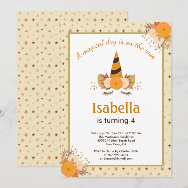 Magical Unicorn Star Fall Halloween Birthday Party Invitation (Front/Back)