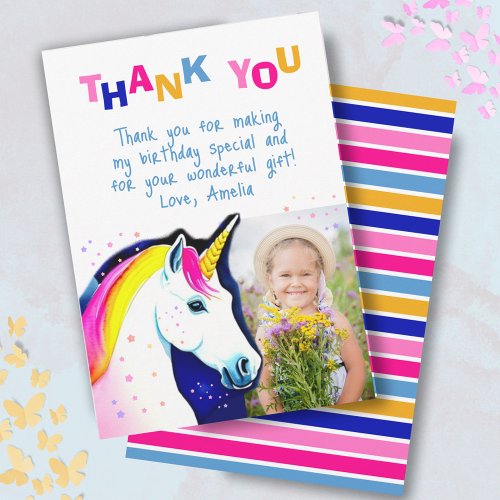 Magical Unicorn Stars Girl Photo Birthday  Thank You Card