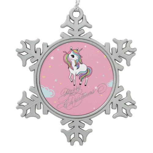 Magical Unicorn, Stars, Merry Christmas Snowflake Pewter Christmas Ornament