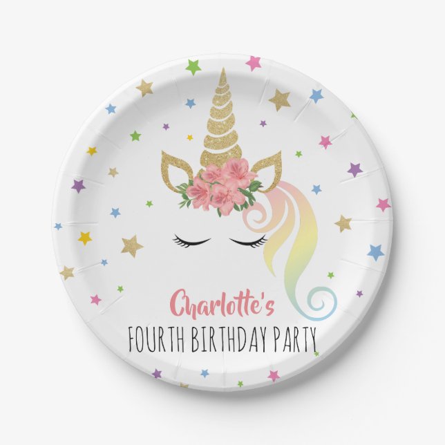 Magical Unicorn & Stars Personalized Birthday Paper Plates (Front)