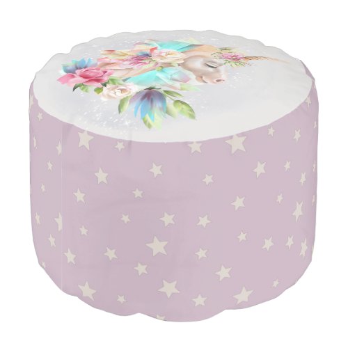 Magical Unicorn Stars Purple Taupe Kids  Pouf