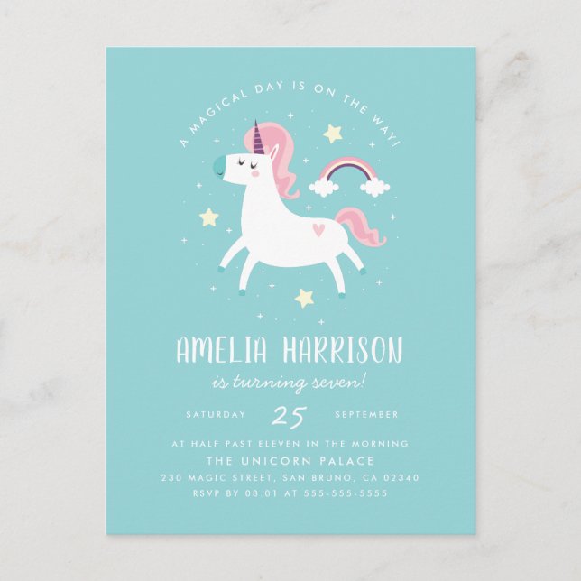 Magical Unicorn, Stars & Rainbow Birthday Party Invitation Postcard (Front)