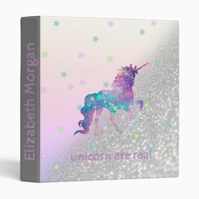 Magical Unicorn, Stars, Silver Glitter Bokeh 3 Ring Binder (Front/Spine)