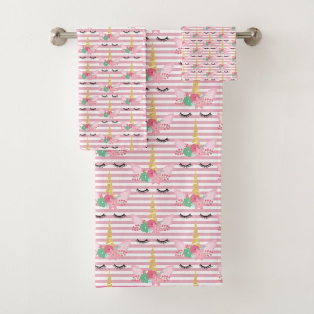 MAGICAL UNICORN STRIPE PINK BATHROOM TOWEL SET (Insitu)