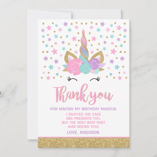 Magical Unicorn Thank You Card Unicorn Party (Front)