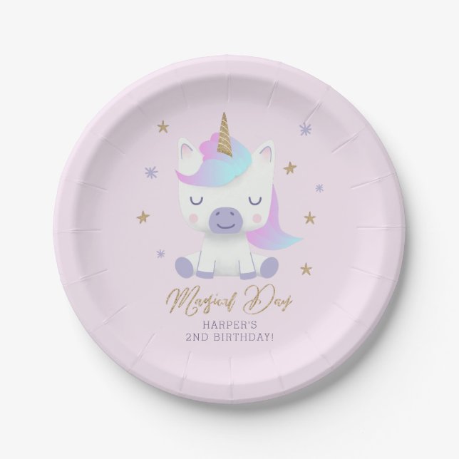 Magical Unicorn Theme Birthday Party Paper Plates (Front)