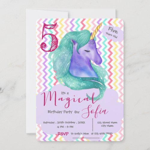 Magical Unicorn Themed Pastel Chevron Birthday Invitation