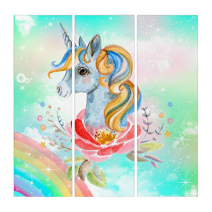Magical Unicorn Triptych Rainbow Wall Art for Kids