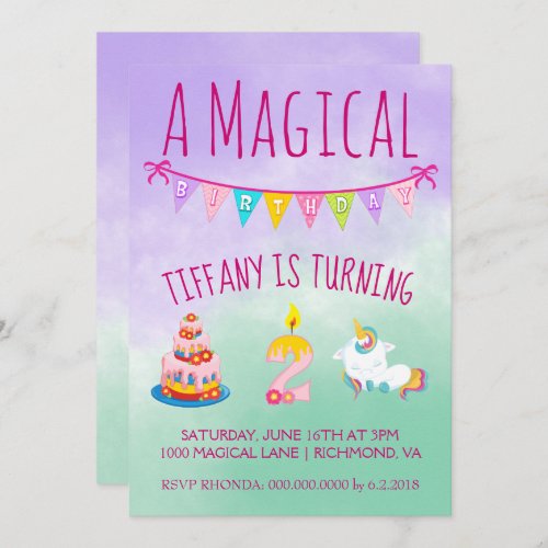 Magical Unicorn Two Year Old Birthday Party Invitation