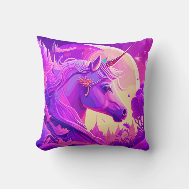 Magical Unicorn under the Moonlight Throw Pillow (Front)