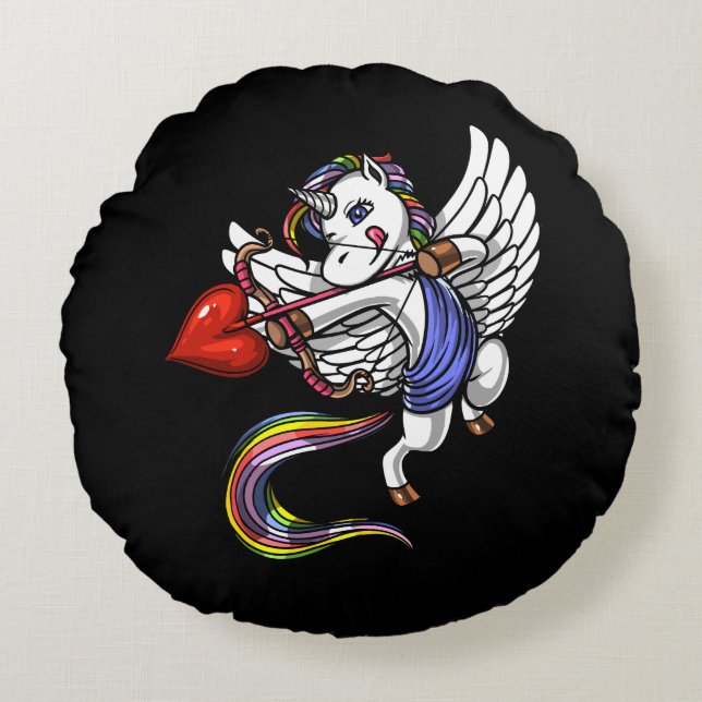 Magical Unicorn Valentines Day Love Cupid Round Pillow (Front)