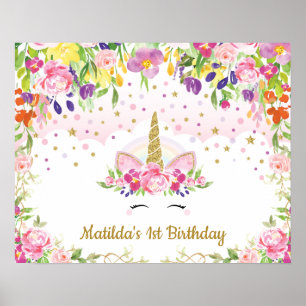 Magical Unicorn Vibrant Floral Birthday Backdrop Poster