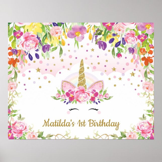 Magical Unicorn Vibrant Floral Birthday Backdrop Poster (Front)