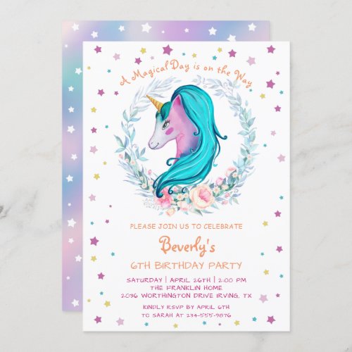 Magical Unicorn Watercolor Floral Birthday Invitation