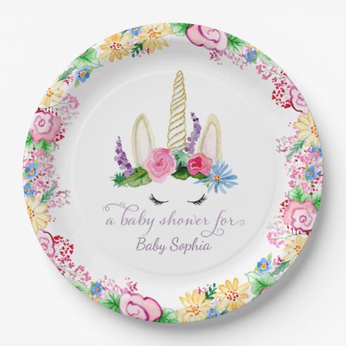 Magical Unicorn Watercolor Pink Floral Baby Shower Paper Plates