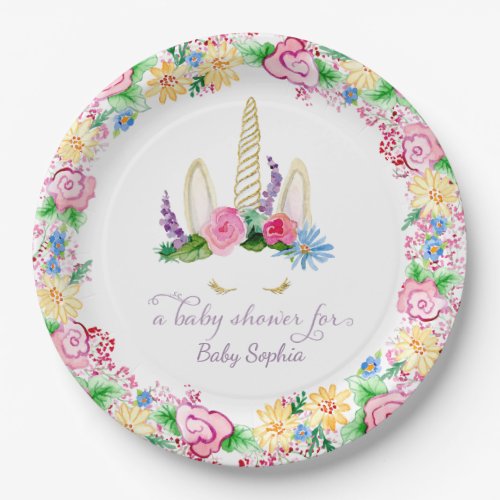Magical Unicorn Watercolor Pink Floral Baby Shower Paper Plates